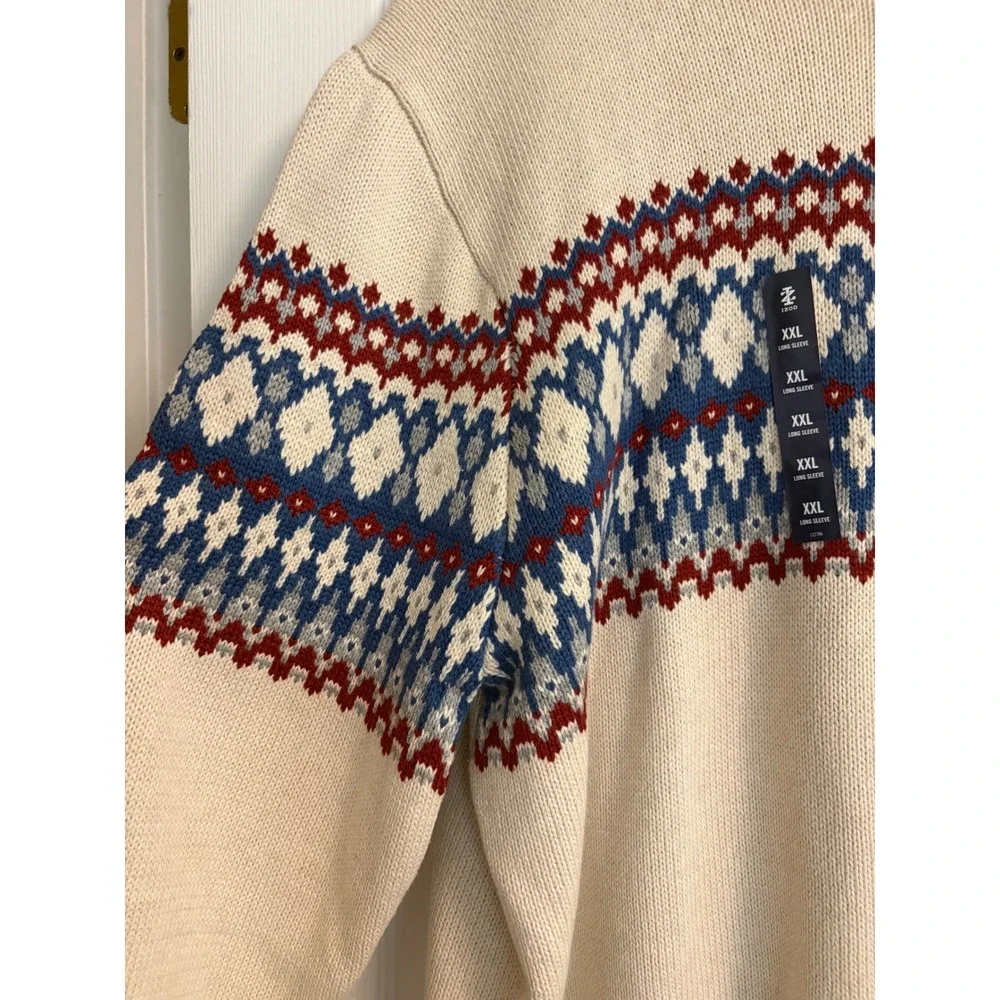 New IZOD XXL Quarter Zip Fair Isle Sweater Cream Blue Red Holiday Cotton Blend